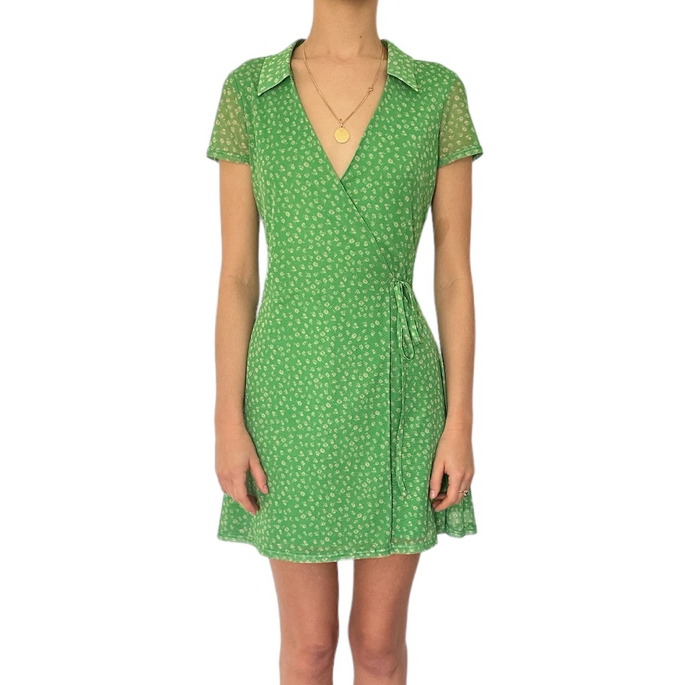 Urban Outfitters UO Green Wrap Dress Mesh XS Floral V-neck Reformation like Mini